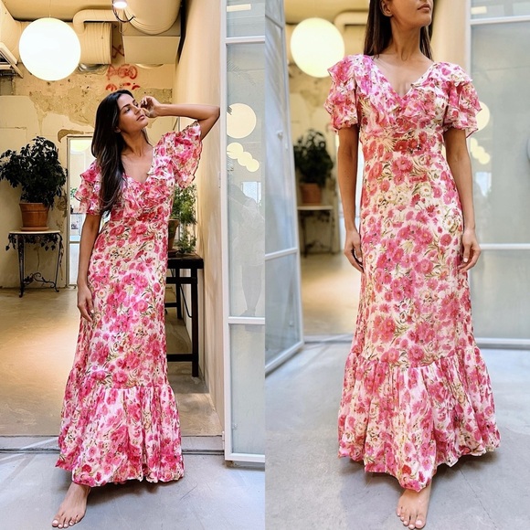 🆕 BYTIMO Organza Floral Tieback Maxi Dress in Pink Daisy Sz XS - Picture 8 of 8